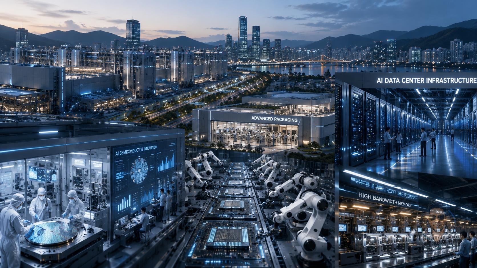 Aerial view of a South Korean semiconductor and AI industrial complex at dusk, showing chip fabs, an advanced packaging facility, robotic assembly lines, a high-bandwidth memory production line, and an AI data center against a city skyline