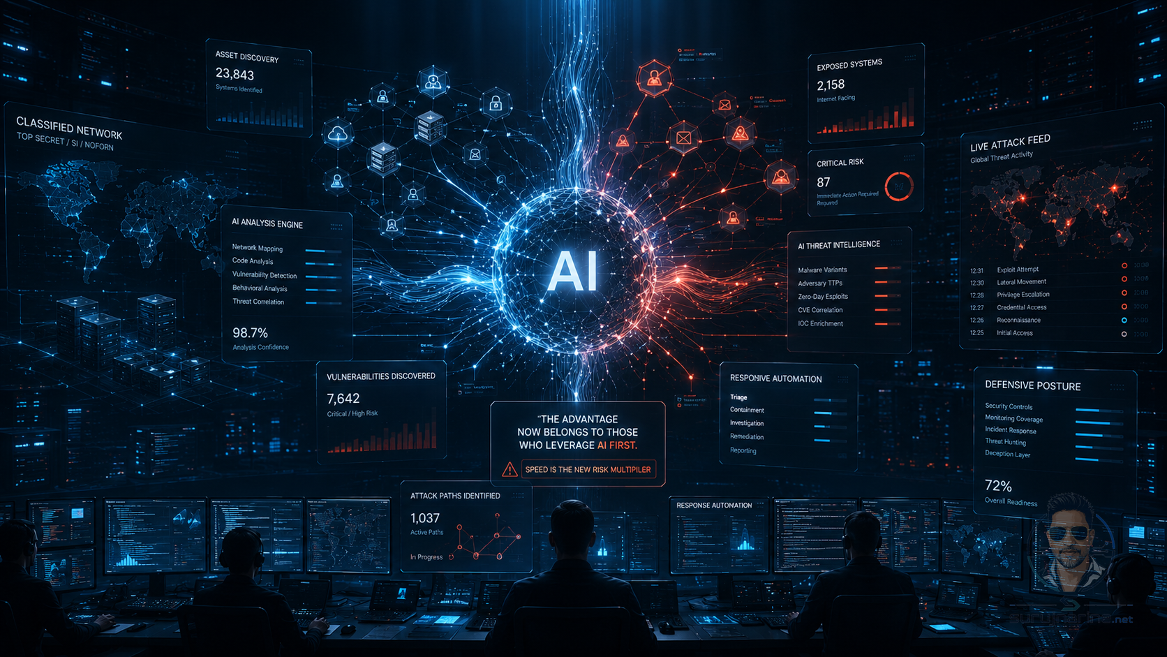 AI-driven security operations dashboard showing vulnerability discovery, exposed systems, and live attack telemetry across a classified network