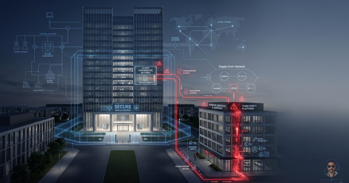 A cyber risk visualization representing a third-party breach and the spread of sensitive enterprise data.