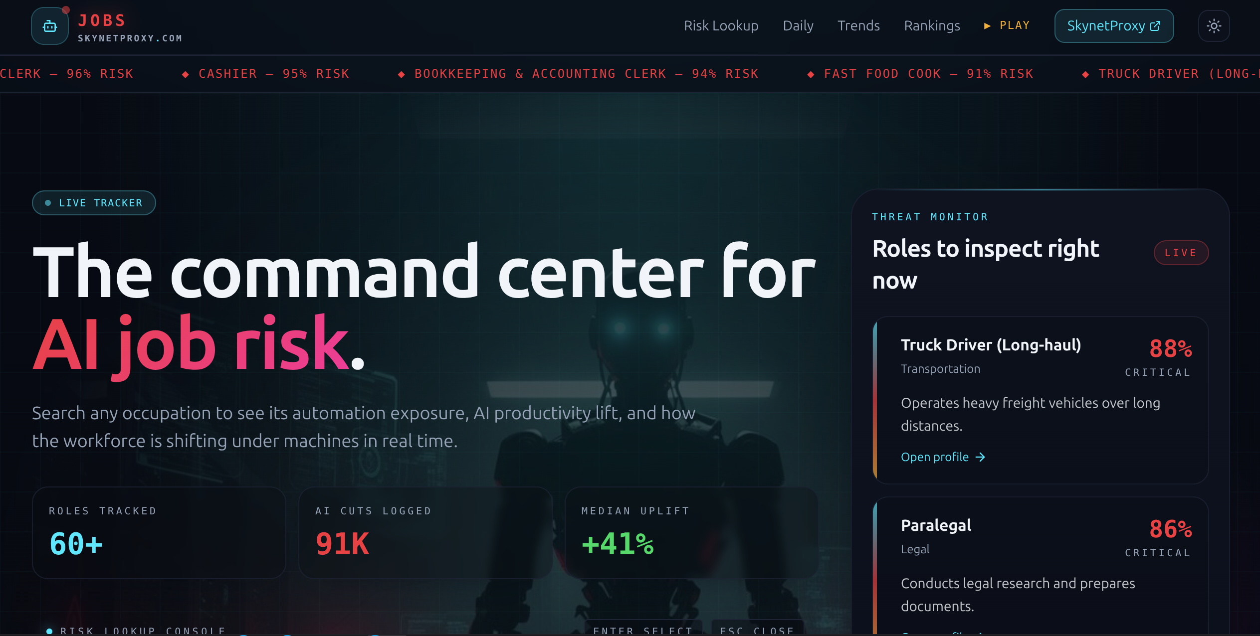 The jobs.skynetproxy.com home screen shows a search-driven AI job risk command center with highlighted roles to inspect.