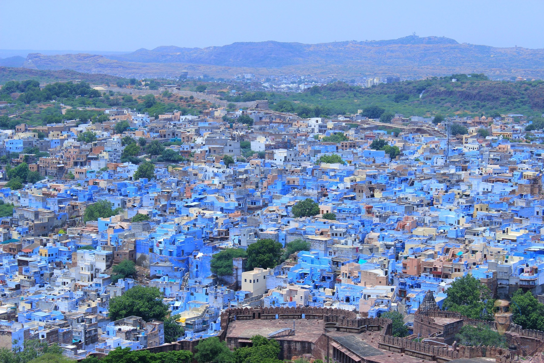 Aerial view of Jodhpur, India, the "Blue City," with its indigo-washed buildings spreading out below Mehrangarh Fort