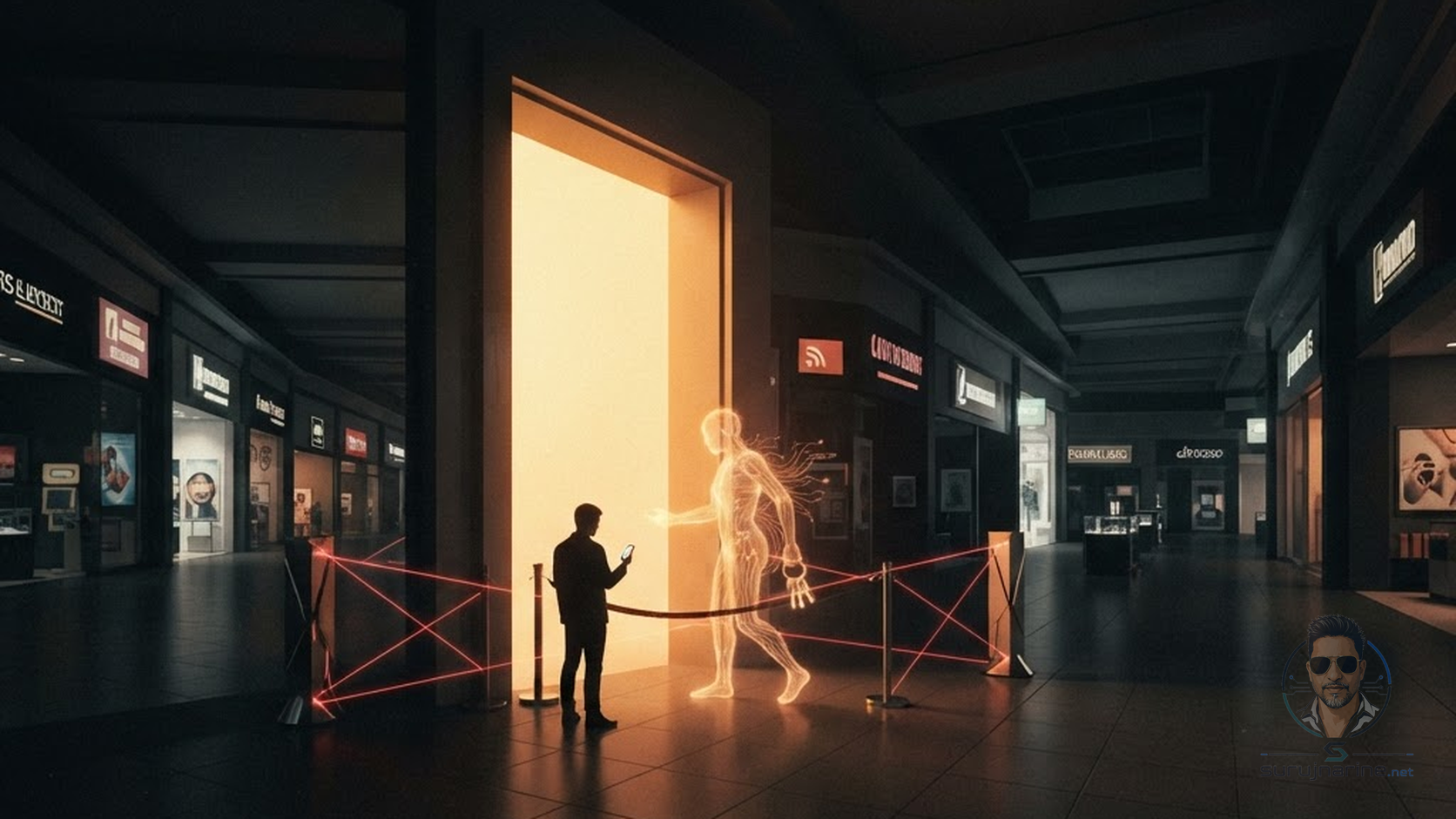 A dark retail concourse with a gated central doorway, where a luminous AI assistant made of amber light steps forward holding a ring of keys toward a corporate checkpoint.