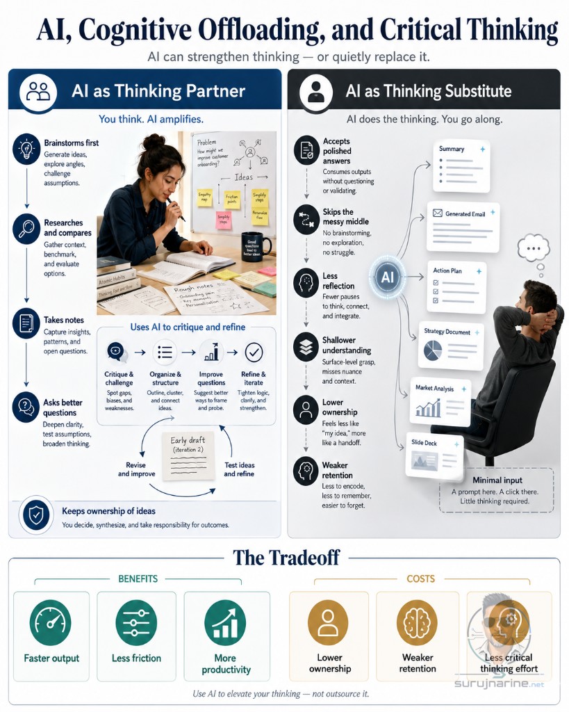 Infographic comparing AI as a thinking partner versus AI as a thinking substitute, with benefits and costs