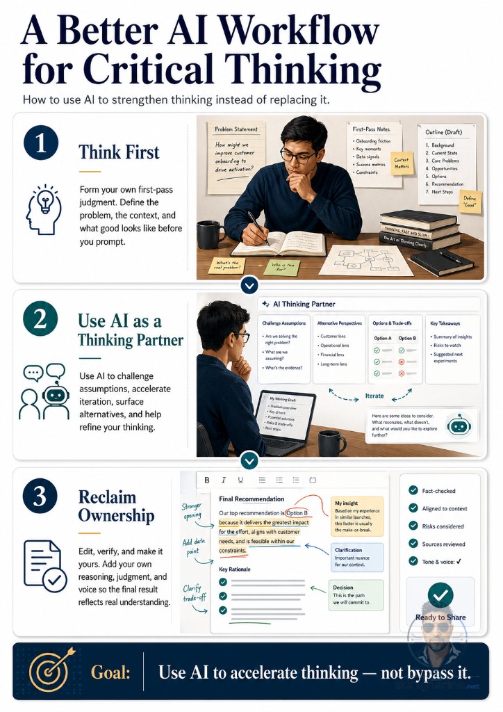 Three-step infographic: think first, use AI as a thinking partner, reclaim ownership